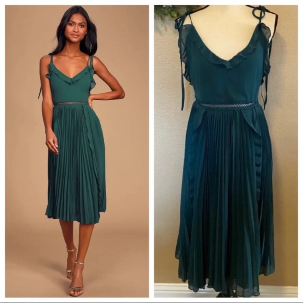 NWOT Lulus Never a Dull Moment Emerald Green Pleated Tie-Strap Midi Dress_9